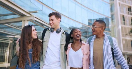 Sticker - University group, hug and people walking, laugh and happy for scholarship education, college learning or community. Back to school, diversity students solidarity and friends smile on academy campus