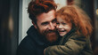 Caucasian red haired father embracing with his cute little child daughter