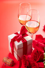 Wall Mural - Valentines day card with champagne, rose flowers and gift box