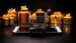 Online shopping concept with gifts in cart on smartphone or tablet screen. Shallow field of view.