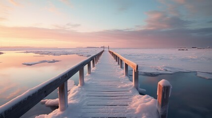 Wall Mural - travel ice scene sunset snowy illustration nature landscape, snow urban, frost pier travel ice scene sunset snowy