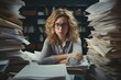 Business woman looking angry on top of a pile of paperwork.