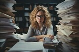 Fototapeta  - Business woman looking angry on top of a pile of paperwork.