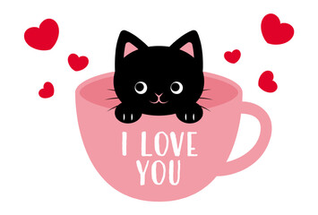 Wall Mural - vector background with a cat in a coffee cup and hearts for banners, cards, flyers, social media wallpapers, etc.