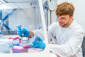 Wall Mural - young scientist pipetting medical samples into microplate in laboratory