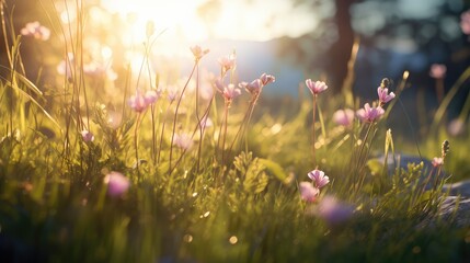 Wall Mural - summer season natural light close illustration garden park, spring background, field plant summer season natural light close