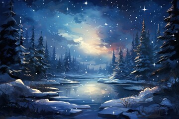 Canvas Print - Starry Winter Nights: Long-exposure shots of the night sky in winter, highlighting stars, constellations, and the Milky Way. - Generative AI