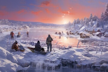 Poster - Ice Fishing: Photograph ice fishermen patiently waiting for their catch on frozen lakes. - Generative AI