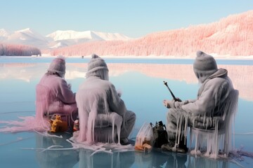 Sticker - Ice Fishing: Photograph ice fishermen patiently waiting for their catch on frozen lakes. - Generative AI