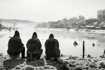 Poster - Ice Fishing: Photograph ice fishermen patiently waiting for their catch on frozen lakes. - Generative AI