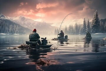 Wall Mural - Ice Fishing: Photograph ice fishermen patiently waiting for their catch on frozen lakes. - Generative AI