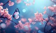 Fluttering blue butterfly and pink cherry or sakura blossom branch in sunlight. Floral spring concept for background, banner or greeting card with copy space	
