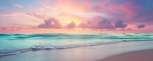 Panoramic Nature Landscape View Of Beautiful Beach And Sea. Inspire Tropical Beach With Sunrise Sky. Aerial Top View Background, Drone Photo Backdrop Of Seascape Horizon. Vacation Travel Banner