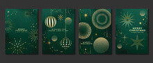 Luxury Christmas Invitation Card Art Deco Design Vector. Christmas Bauble Ball, Firework, Snowflake, Watercolor Texture On Green Background. Design Illustration For Cover, Print, Poster, Wallpaper.