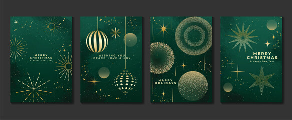 Wall Mural - Luxury christmas invitation card art deco design vector. Christmas bauble ball, firework, snowflake, watercolor texture on green background. Design illustration for cover, print, poster, wallpaper.