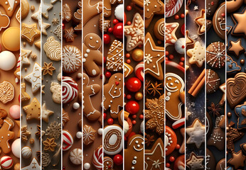 Wall Mural - Abstract background with Christmas food strepes. Sweets, gingerbread pieces and cookies in brown, yellow, beige and gray colors. Horizontal composition. 