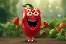 A Cheerful Lively Red Pepper With A Smile On His Face Stands In The Vegetable Garden.