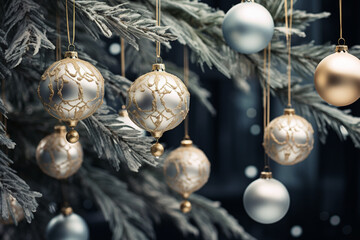 Wall Mural - Christmas tree branches decorated with pearl baubles