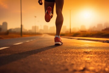 Wall Mural - Close-up shot from behind of man's legs wearing sneakers backlit by rising sun. Athlete running along the morning city street. Everyday morning jog, healthy lifestyle in urban environment.