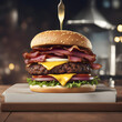 Ultimate burger with perfectly grilled Angus beef topped with melted aged cheddar cheese and crispy bacon