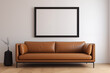 A large black blank picture frame hangs over a large brown sofa, mockup, horizontal, landscape format