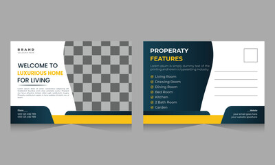 Wall Mural - real Estate Postcard Vector Template. Corporate real estate postcard template design. Modern home for sale postcard design template vector layout