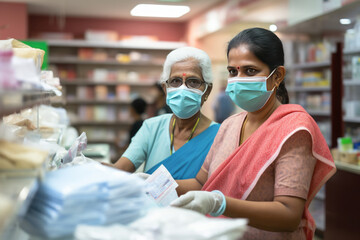 Two mature Indian women wearing protective masks choosing a medicine in pharmacy. Senior female customers are reviewing medication descriptions. Healthcare and hygiene concept.