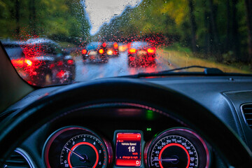 Wall Mural - Autumn traffic jams on the road seen through the car windshield