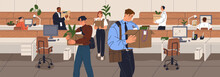 Layoff, Staff Reduction, Dismissal, Work Loss Concept. Fired Dismissed Discharged Employees Leaving Office, Carrying Boxes, Quitting. Sad Jobless Unemployed People, Lost Job. Flat Vector Illustration