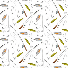 Watercolor Fishing Tackle Seamless Pattern. Hand Drawn Fishing Rod, Hook, Bait, Lure Isolated On Transparent. Fisherman's Equipment For Catching Fish. Angling Tools Repeated Tile Background