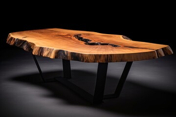 Hand crafted live edge coffee table on black metal legs isolated on black background. Generative AI