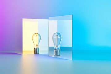 Interior of a light bulb in a pastel colored transparent case. A delicate and simple concept with a minimalist style that encourages free thinking, innovative ideas, and unusual inspiration.