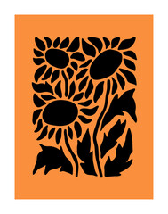 Fototapete - Abstract flowers, interior poster design. Floral wall art. Modern black plant silhouette, sunflowers and leaves shade. Natural garden card background, botanical postcard. Flat vector illustration