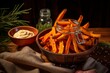 Crispy Indulgence: Homemade Oven-Roasted Sweet Potato Fries Served with Irresistible Mayo and Ketchup, a Perfect Blend of Comfort and Flavor