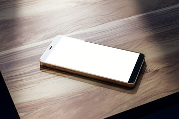 Wall Mural - Close up of empty white mobile phone on wooden table. Mock up, 3D Rendering.