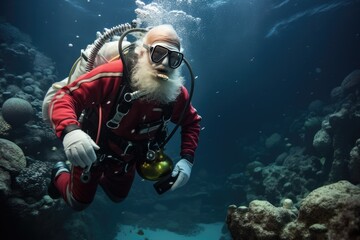 Santa Claus On Tropical Island, Scuba Diving To Explore Underwater Treasures