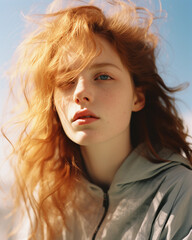 Portrait of young red hair female model looking rays light shadow overlay on her face, calm emotional expression