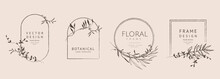 Luxury Logo Templates With Hand Drawn Trendy Plant, Branch, Flower And Leaf Elements In Line Sketch Style. Elegant Vector Floral Frame For Label, Corporate Identity, Wedding Invitation, Save The Date