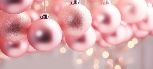 Wall Mural - Christmas celebration decoration holiday banner template greeting card - Closeup of  group of hanging pink baubles ornaments and bokeh lights, shiny background