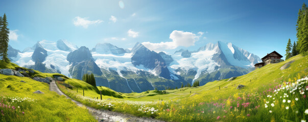 Wall Mural - Idyllic mountain landscape in the Alps with blooming meadows in springtime. Generative Ai