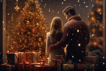 Wall Mural - Couple in love against the background of a New Year tree with gifts. AI generative.