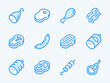 Meat and Steak vector line icons. Beef sausage and Barbecue outline icon set. T-bone, Bologna, Ham, Bacon, Kebab amd more.