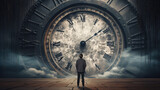Fototapeta Do przedpokoju - man standing in front of a large clock illustrating passage of time