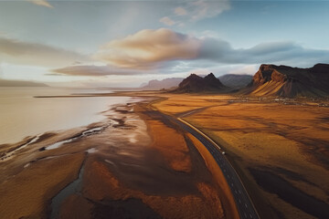 Wall Mural - Scenic road in Iceland, beautiful nature landscape aerial panorama, mountains and coast at sunset, nordic