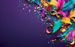 Happy Mardi Gras poster. A banner template with Venetian masquerade decorations, mask, confetti and feathers isolated on purple background, copy space. Costume party flyer for carnivals. AI Generative