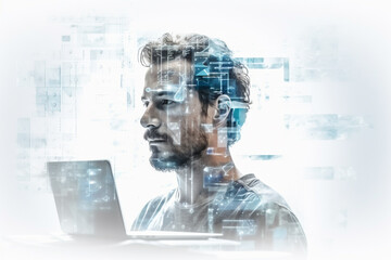 .double exposure photography of software engineer and coding screen, on white background