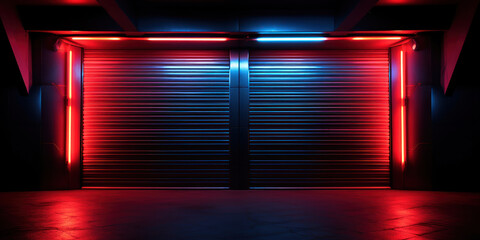 Colorful neon garage doors shining in the dark