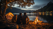Caucasian Family Camping In A Forest Next To A Lake At Night With Tent And Campfire