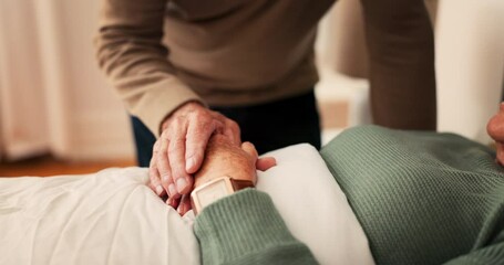 Poster - Bed, holding hands and senior couple for support, bonding and compassion at home for rehabilitation. Retirement, marriage and elderly man care for woman with illness, healing and recovery in bedroom