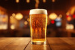 Glass of beer with foam on bar background with space for text